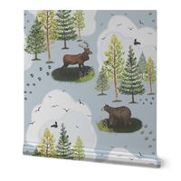 Wildlife Wonder - Watercolor forest  animals and trees on a light blue background