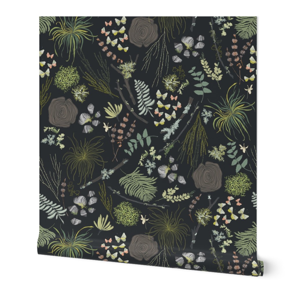 Dark Floral Forest with Butterflies, Ferns and Moss in Chartreuse, Green and Black