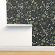 Dark Floral Forest with Butterflies, Ferns and Moss in Chartreuse, Green and Black