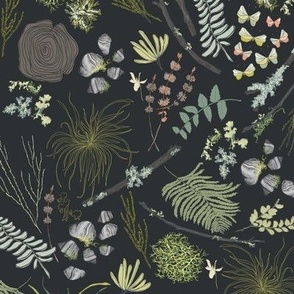 Dark Floral Forest with Butterflies, Ferns and Moss in Chartreuse, Green and Black