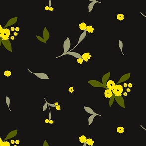 Minimalistic Lime Yellow Flowers and Leaves on Black Background // Medium