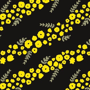 Minimalistic Diagonal Lime Yellow Flowers on Black Background // Medium
