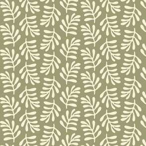 Geometric Cream Colored Leaves on Sage Olive Green Background // Small