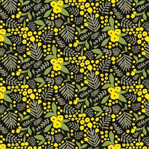 Packed Lime Yellow Flowers with Green Leaves on Black Background // Small