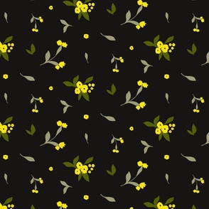 Minimalistic Lime Yellow Flowers and Leaves on Black Background // Small
