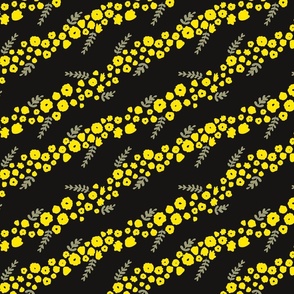 Minimalistic Diagonal Lime Yellow Flowers on Black Background // Small