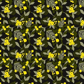 Dense Lime Yellow Flowers with Green Leaves on Black Background // Small