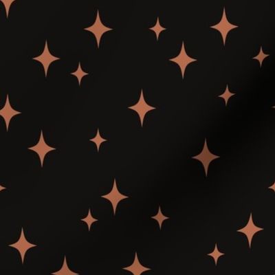 Medium Retro Stars // Terracotta Orange Vintage Starbursts on Black Background