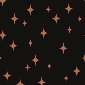 Medium Retro Stars // Terracotta Orange Vintage Starbursts on Black Background