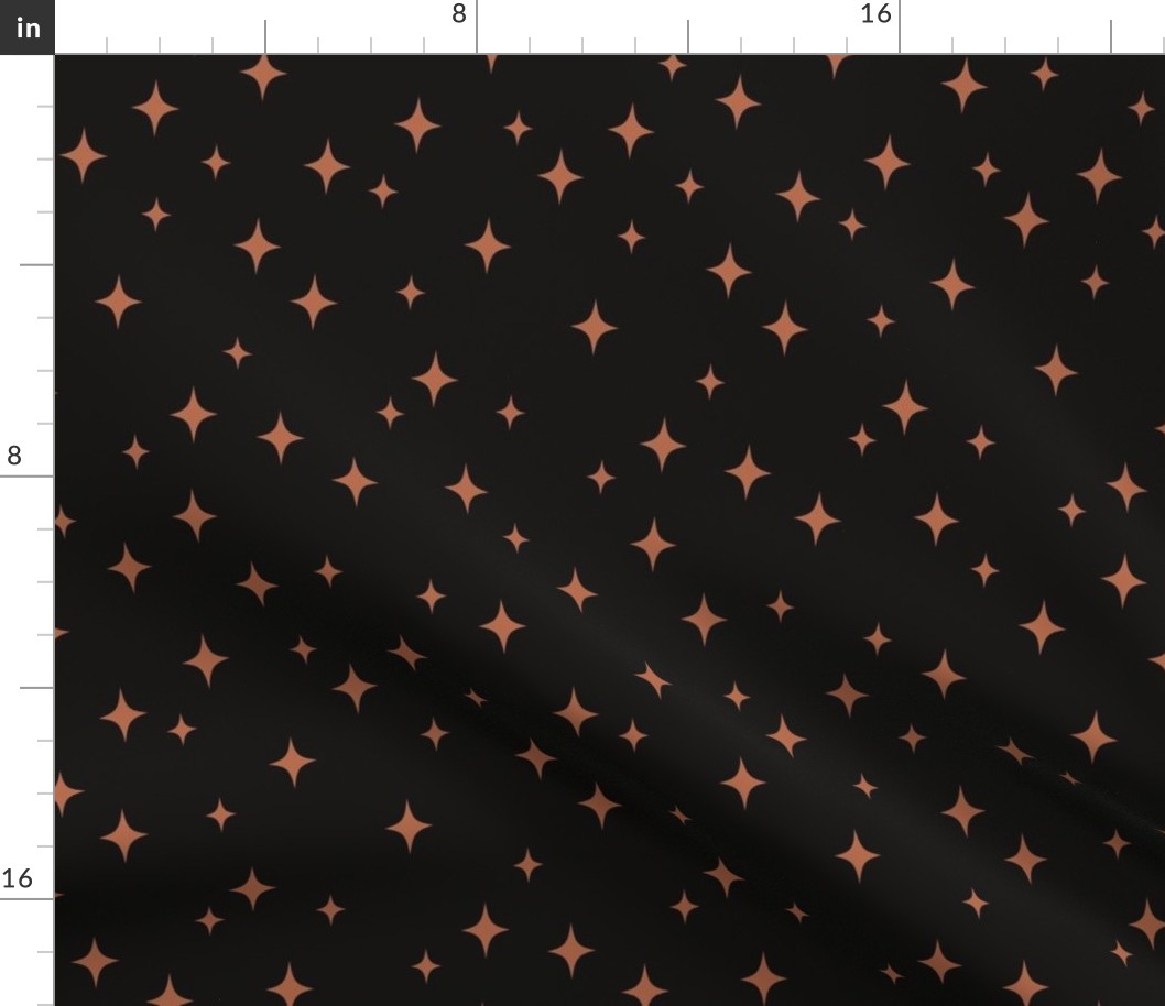 Medium Retro Stars // Terracotta Orange Vintage Starbursts on Black Background