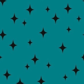 Medium Turquoise Retro Stars // Teal Blue with Black Vintage Starbursts