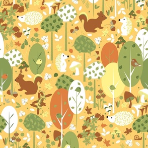 Medium / Woodland Wonderland - Yellow - Wildlife - Forest - Bright Colors - Playful - Colorful - Whimsical - Hedgehog - Squirrels - Kids - Porcupine - Outdoors