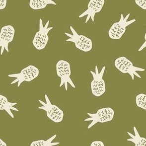 NOVELTY HAND DRAWN FRUIT PINEAPPLES KHAKI OLIVE GREEN AND WHITE-SMALL SCALE-3CM MOTIF