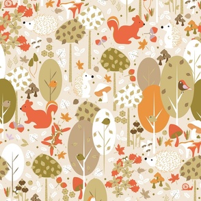 Medium / Woodland Wonderland - Creamy Beige - Earth Colors - Wildlife - Forest - Whimsical - Hedgehog - Squirrels - Kids - Porcupine - Outdoors - Earth Tones - Autumn - Fall