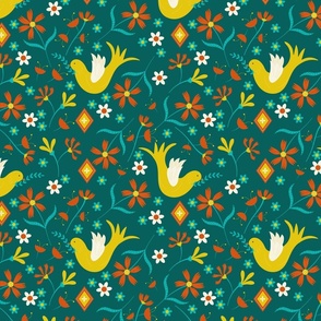 Medium-What a wonderful world - Magical yellow birds with teal & red flower garden 