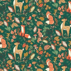 WOODLAND ANIMALS IN AUTUMNAL FOREST GREEN 24 IN