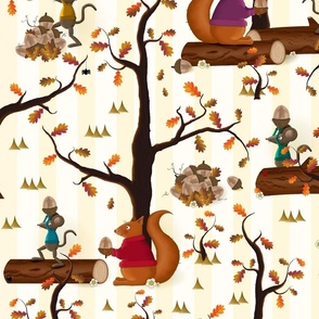 Mice and squirrels gather acorns together in the autumnal forest.