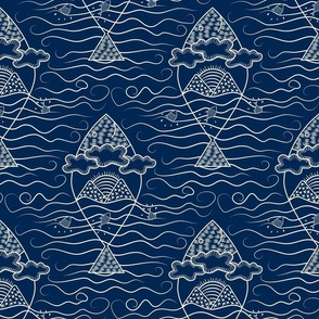 Large-Digital Block Print Fish-Cream on Blue