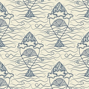 Large-Digital Block Print Fish-Blue on Cream