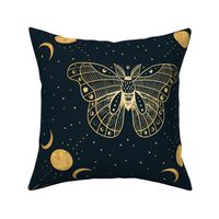 Gold Moth Mystical Sun Moon Phase  Fine Line Art Drawing Moon Sun Stars Charcoal Blue
