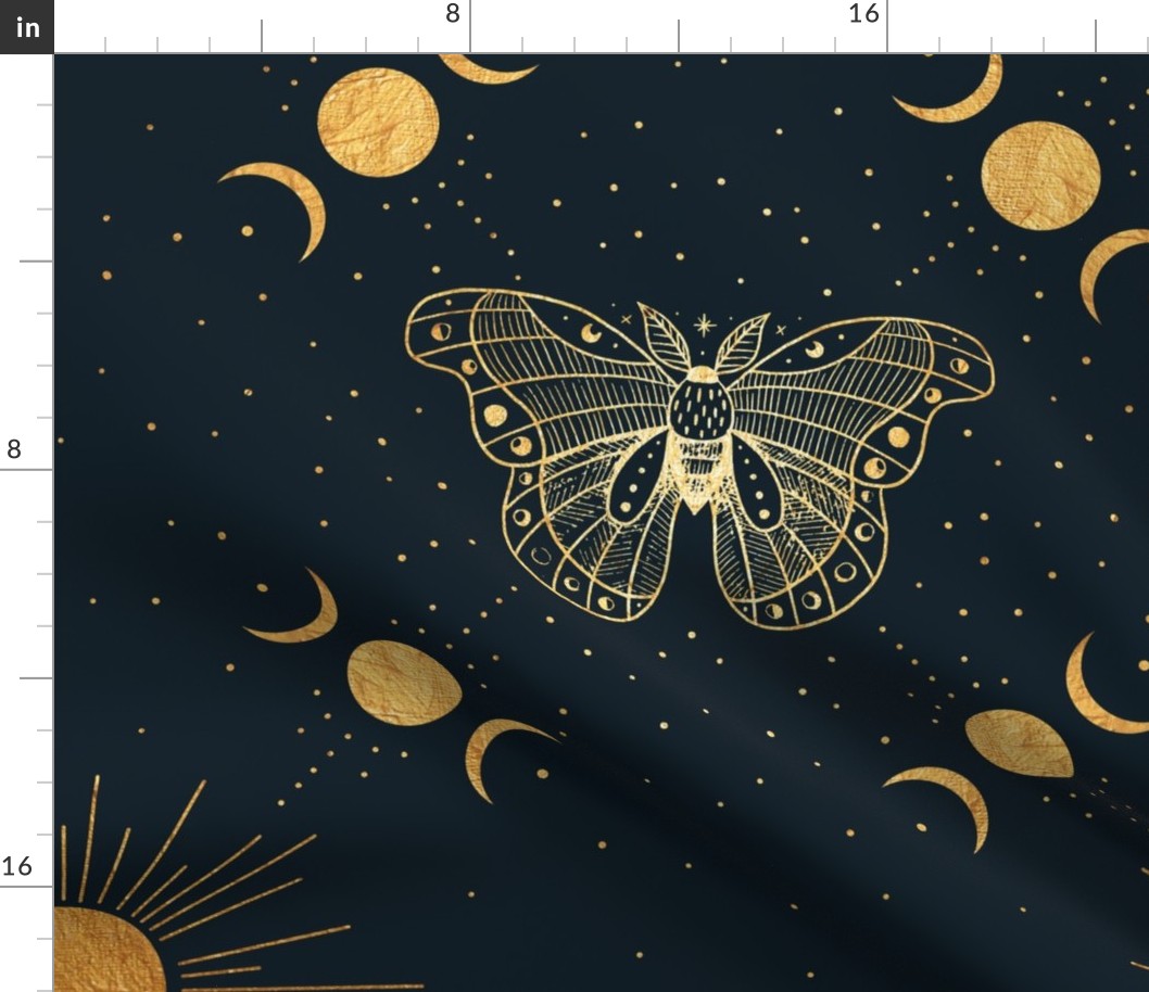 Gold Moth Mystical Sun Moon Phase  Fine Line Art Drawing Moon Sun Stars Charcoal Blue