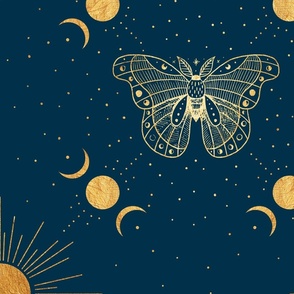 Gold Moth Mystical Sun Moon Phase  Fine Line Art Drawing Moon Sun Stars Nordic Noir Teal
