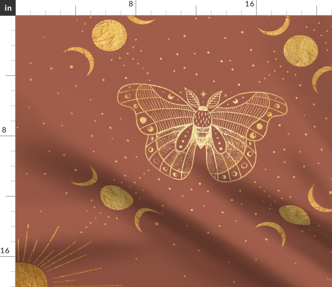 Gold Moth Mystical Sun Moon Phase  Fine Line Art Drawing Moon Sun Stars Sepia Earth Clay