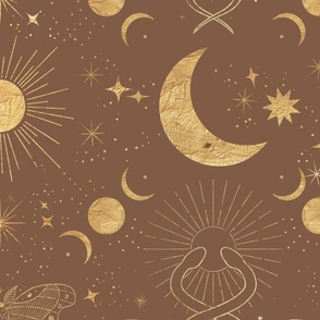 Gold Celestial Mysticism Fine Line Art Drawing Moon Sun Stars Teracotta
