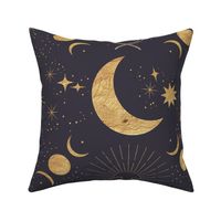 Gold Celestial Mysticism Fine Line Art Drawing Moon Sun Stars Slate Purple