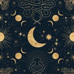 Celestial Mysticism Sun Moon Moth Snakes Gold Lines on Black