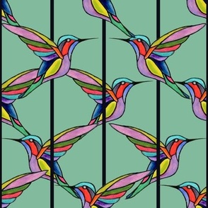 Flying Jewels - Stained Glass Watercolor Hummingbirds Green Background