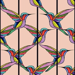 Flying Jewels - Stained Glass Watercolor Hummingbirds  Peach Background