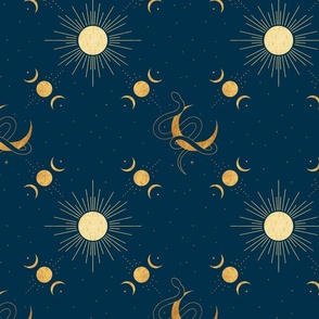 Gold Sun Moon Stars Snakes Fine Line Art Drawing Moon Sun Stars Nordic Noir Teal