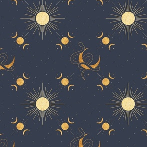 Gold Sun Moon Stars Snakes Fine Line Art Drawing Moon Sun Stars Dark and Stormy