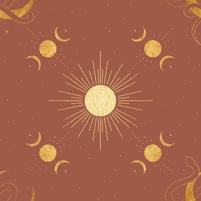 Gold Sun Moon Stars Snakes Fine Line Art Drawing Moon Sun Stars Sepia Earth Clay