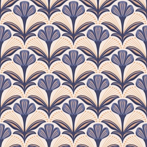  Art Deco Scalloped Flowers Blue Gold on White Small 