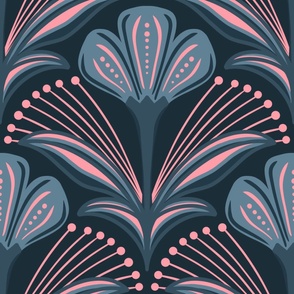  Art Deco Scalloped Flowers Teal Pink on Dark Teal Large 
