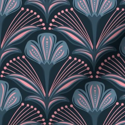  Art Deco Scalloped Flowers Teal Pink on Dark Teal Small