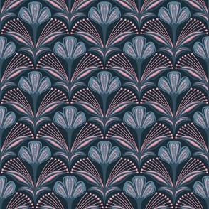  Art Deco Scalloped Flowers Teal Pink on Dark Teal Small