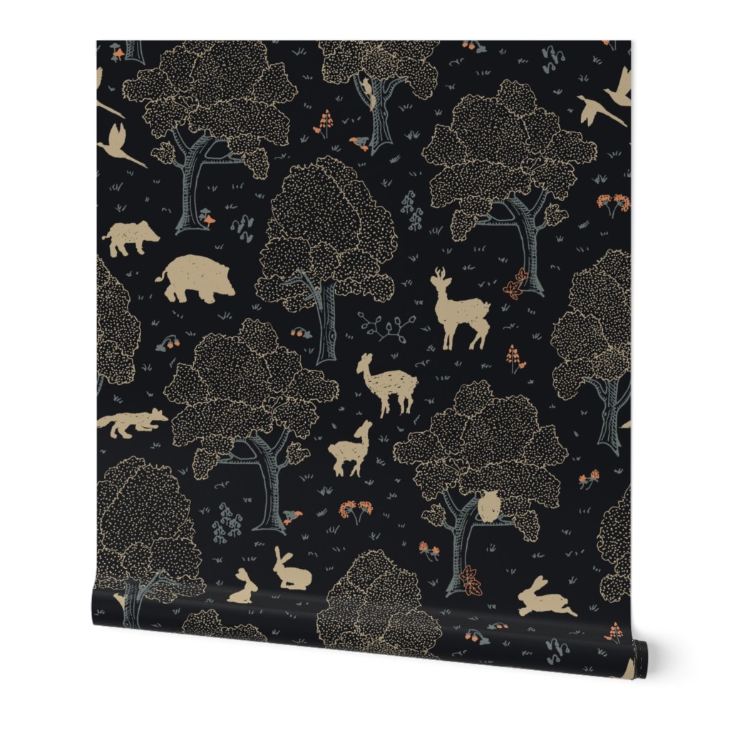 European forest with woodland animals, wildflowers, polka dots in soft blue, peach and cream on black - subtle rustic whimsical line art gender neutral p. with hidden roe deer fawn, doe and buck, wild boar, rabbit, squirrel, owl, fox, pheasant, woodpecker