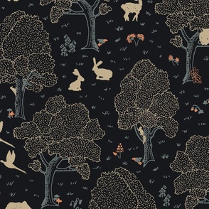 European forest with woodland animals in soft blue, peach and cream on black - subtle rustic pattern with hidden flora and fauna - roe deer fawn, doe and buck, wild boar, rabbit, squirrel, owl, fox, pheasant, woodpecker