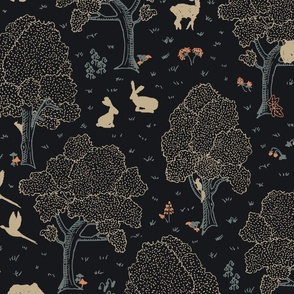 European forest with woodland animals, wildflowers, polka dots in soft blue, peach and cream on black - subtle rustic whimsical line art gender neutral p. with hidden roe deer fawn, doe and buck, wild boar, rabbit, squirrel, owl, fox, pheasant, woodpecker