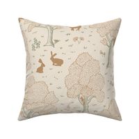 European forest with woodland animals, wildflowers, polka dots in soft sage green and rose pink on cream - subtle rustic whimsical line art gender neutral p. with hidden roe deer fawn, doe, buck, wild boar, rabbit, squirrel, owl, fox, pheasant, woodpecker