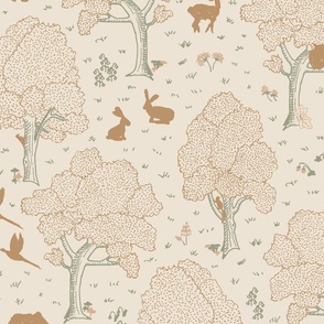 European forest with woodland animals, wildflowers, polka dots in soft sage green and rose pink on cream - subtle rustic whimsical line art gender neutral p. with hidden roe deer fawn, doe, buck, wild boar, rabbit, squirrel, owl, fox, pheasant, woodpecker