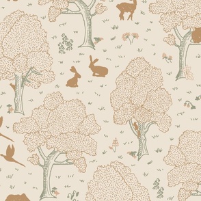 European forest with woodland animals in soft sage green and rose pink on cream - subtle rustic pattern with hidden flora and fauna - roe deer fawn, doe and buck, wild boar, rabbit, squirrel, owl, fox, pheasant, woodpecker