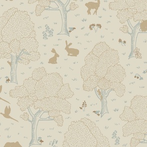 European forest with woodland animals, wildflowers, polka dots in soft light blue and tan on beige - subtle rustic whimsical line art gender neutral patt. with hidden roe deer fawn, doe and buck, wild boar, rabbit, squirrel, owl, fox, pheasant, woodpecker