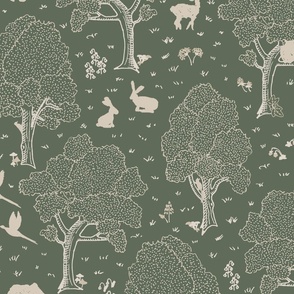 European forest with woodland animals, wildflowers, polka dots in cream on soft olive green - subtle rustic whimsical line art gender neutral pattern with hidden roe deer fawn, doe and buck, wild boar, rabbit, squirrel, owl, fox, pheasant, woodpecker