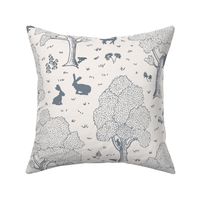 European forest with woodland animals in soft blue on white - subtle rustic pattern with hidden flora and fauna - roe deer fawn, doe and buck, wild boar, rabbit, squirrel, owl, fox, pheasant, woodpecker