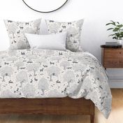 European forest with woodland animals in soft blue on white - subtle rustic pattern with hidden flora and fauna - roe deer fawn, doe and buck, wild boar, rabbit, squirrel, owl, fox, pheasant, woodpecker