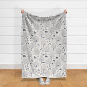 European forest with woodland animals in soft blue on white - subtle rustic pattern with hidden flora and fauna - roe deer fawn, doe and buck, wild boar, rabbit, squirrel, owl, fox, pheasant, woodpecker
